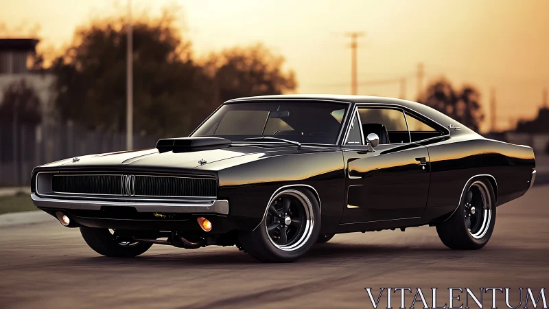 Classic black muscle car is parked on an empty roadway