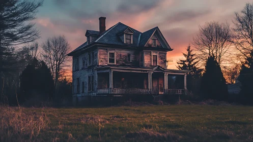 Weathered Victorian house glows quietly under a haunting sunset.