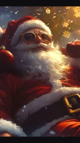 Digital painting of cinematic Santa portrait with warm bokeh glow.