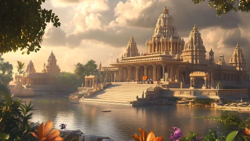 Sunlit riverside temple complex rendered in cinematic 3D light