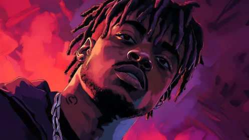 Moody hip hop portrait under neon magenta and violet glow.