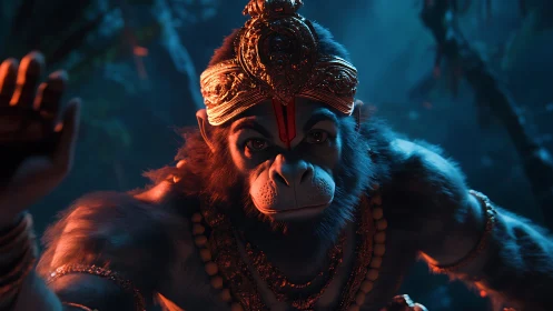 Simian deity figure is rendered in detailed 3D lighting