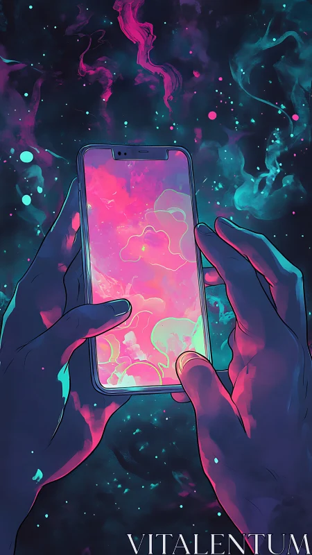 Hands holding glowing smartphone in neon cosmic scene.