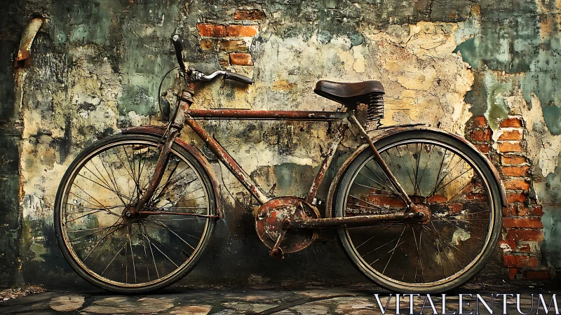 Oxidized Heritage Bicycle Against Weathered Plaster and Exposed Brick