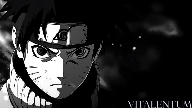 Determined ninja portrait contrasts stark light and darkness