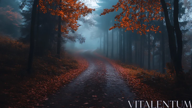 Forest Road with Autumn Foliage and Fog