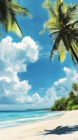 Tropical beach with palm trees, white sand, turquoise water beneath clear blue sky.