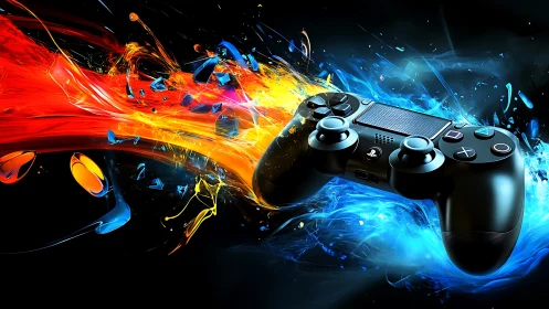 Dynamic gaming controller amid explosive color streams.
