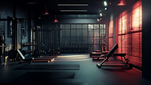 Moody loft gym glowing with sunrise strength and calm focus.