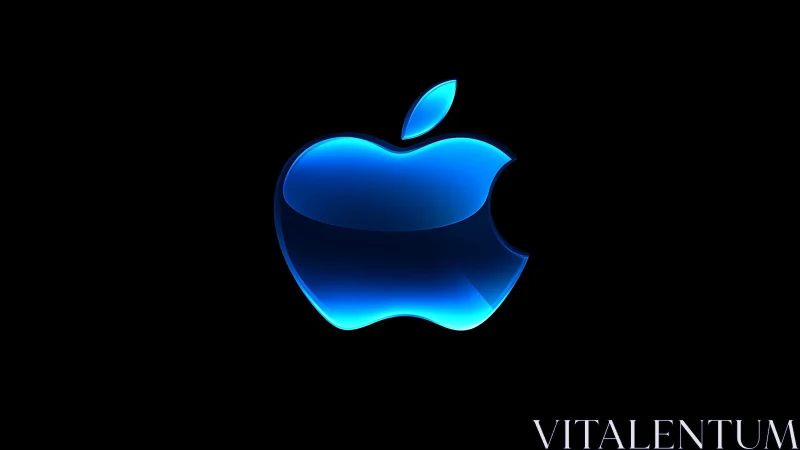 3D blue glass apple emblem on deep black minimalist field.