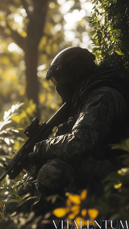 Silent soldier rests in sunlit forest shadows with patience
