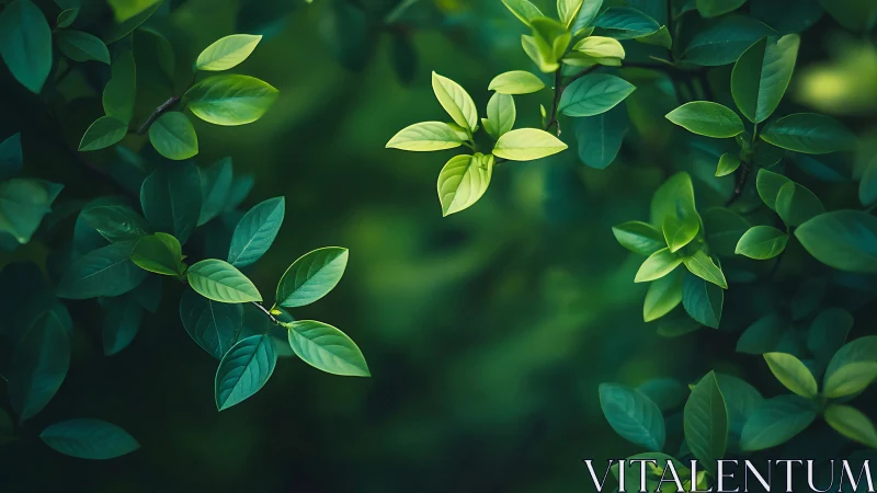 Sunlit green leaves circle frame over deep forest blur.