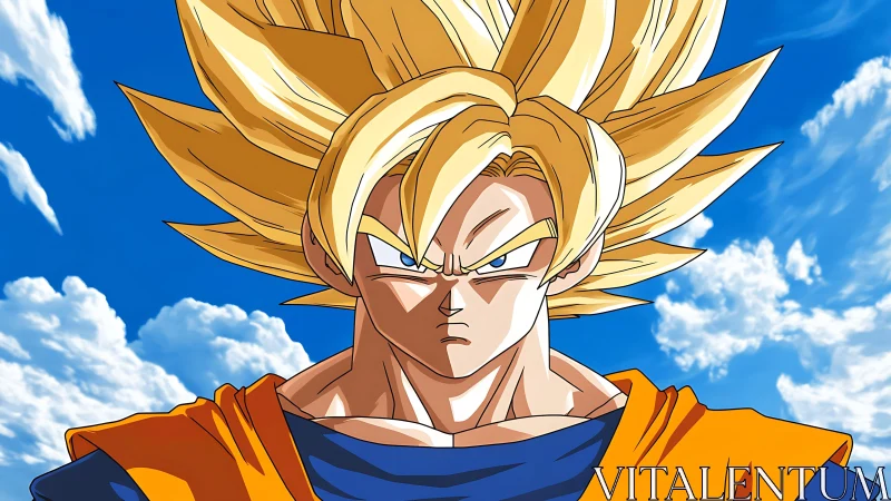 Solar-haired warrior locked in sky-bright resolve.