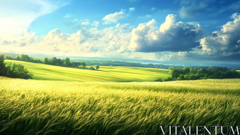 Sunlit grain fields under expansive cloud filled sky.