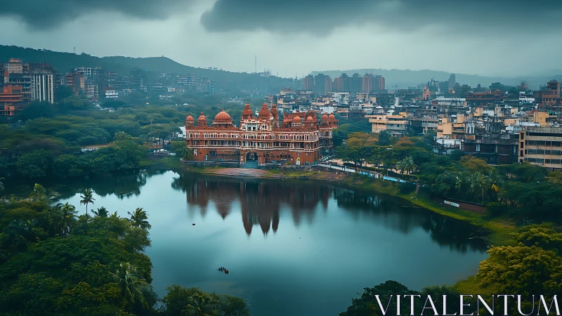 Lakeside palace reflects under monsoon skies in busy city.