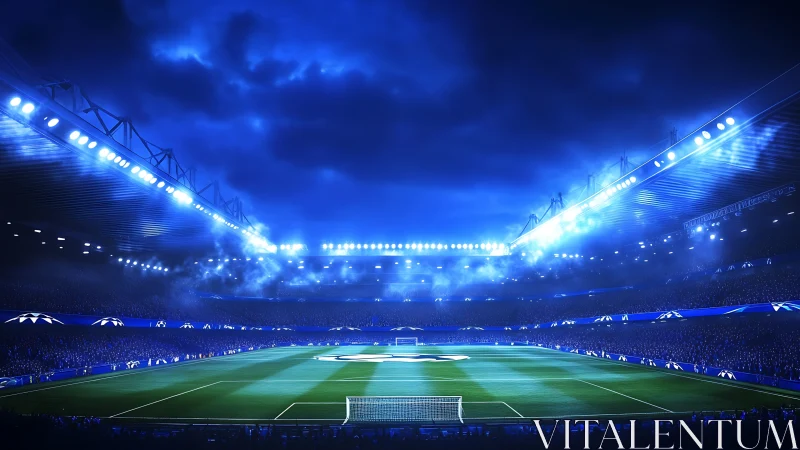 Midnight stadium halo over electric green football stage.