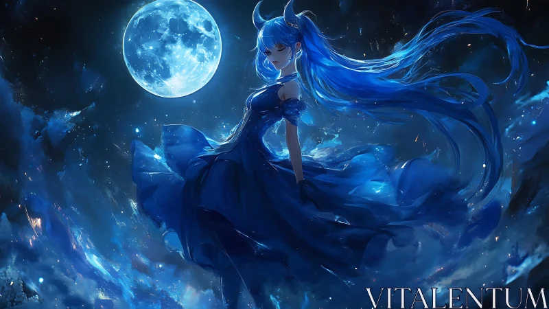 Moonlit blue-haired girl drifting through a dreamy night sky.