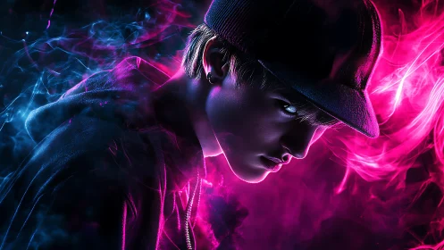 Moody portrait of hooded youth in neon pink smoke.