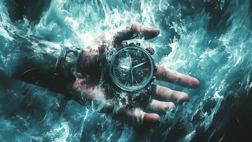 Timepiece held in turbulent teal waters captures frozen motion