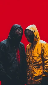 Two hooded figures in masks against bold red backdrop.