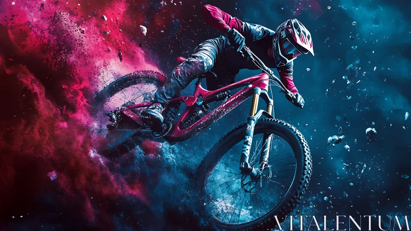 Cosmic trailblazer carving neon dust on a roaring bike.
