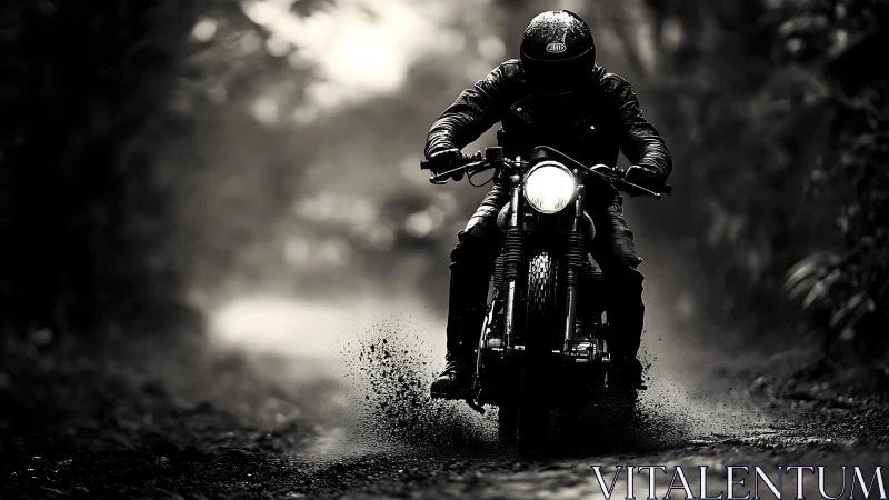 Motorcyclist speeds through wet forest trail in moody light.