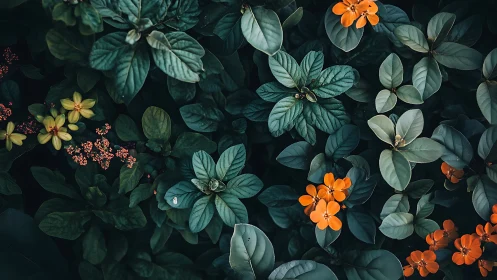 Overhead View of Green Foliage with Orange Flower Clusters