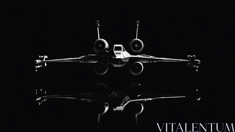 Silent starfighter poised above a glossy cosmic mirror.