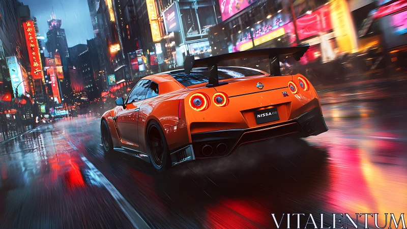 Neon storm chase with an orange supercar slicing rain-slicked night.
