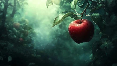 Luminous red apple suspended in misty cinematic orchard.