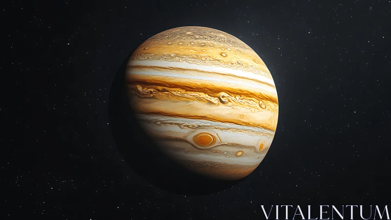 Rendered gas giant sphere shows orange atmospheric bands in space