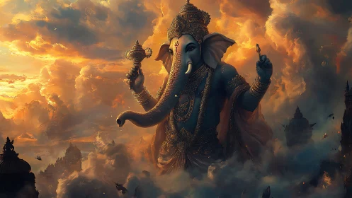 Colossal elephant deity strolls through ember-lit storm clouds