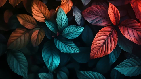 Color graded foliage with teal, orange and red leaves.