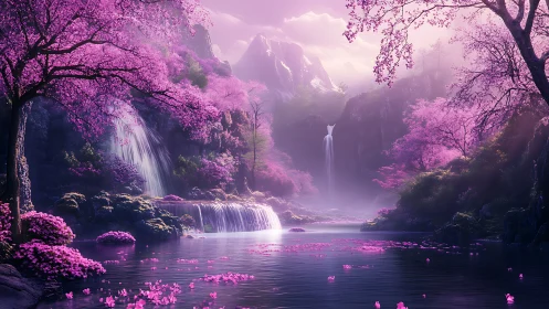 Dreamy pink waterfalls drifting through a quiet mountain grove.