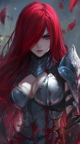 Bloodstained red-haired warrior in dented plate armor under diffuse light