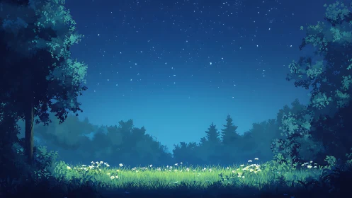 Starlit forest clearing bathed in luminous midnight blue glow.