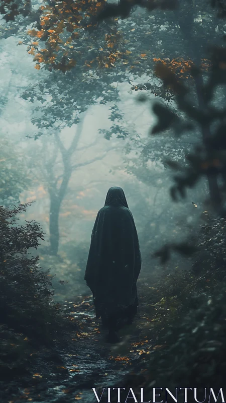 Cloaked lone figure walking down misty forest trail.