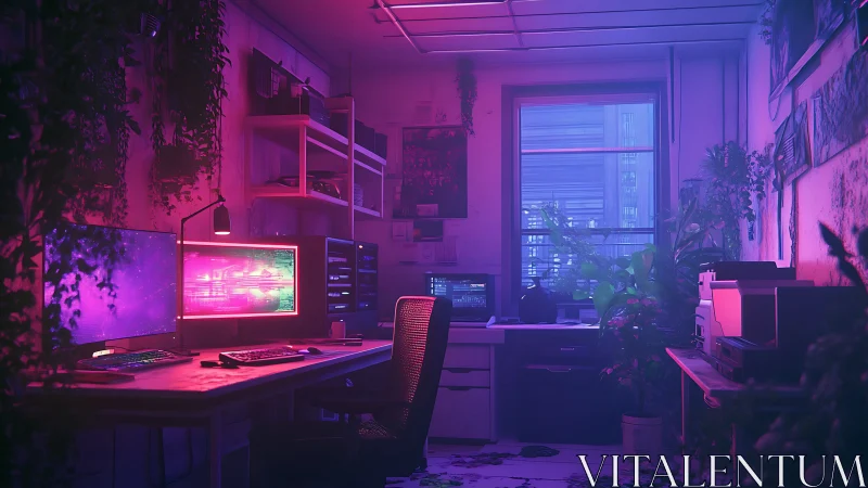 Neon lit home office with dual monitors and indoor plants.