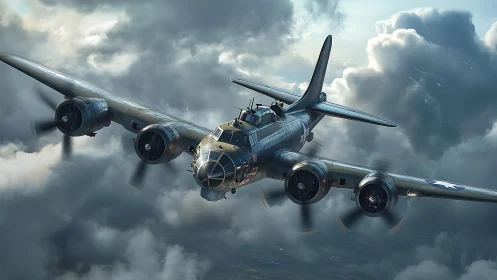 Historic bomber airplane glides confidently through stormy clouds