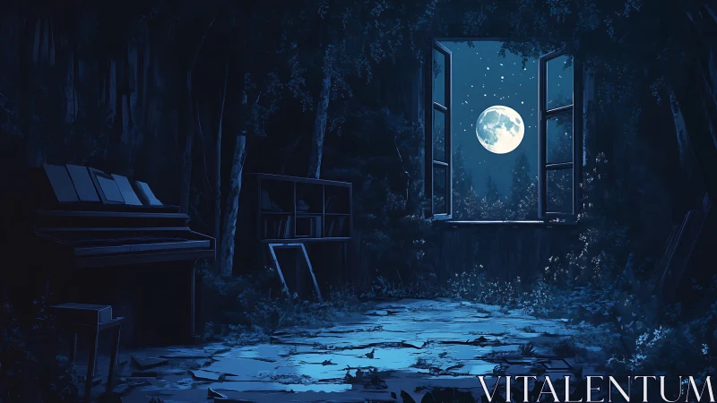 Moonlit abandoned room frames a forest nightscape in blue tones