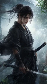 Solitary warrior with twin katanas in heavy forest rain.