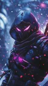 Hooded cyber assassin with glowing purple eyes stands ready.