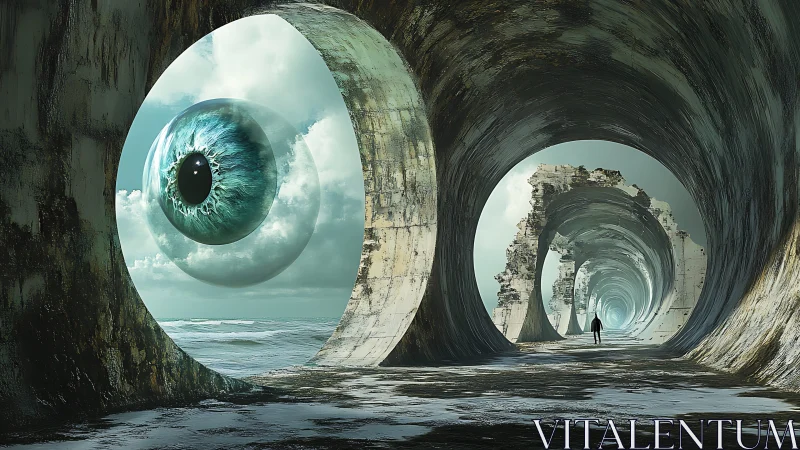 Surreal coastal tunnel with colossal floating turquoise eye observes