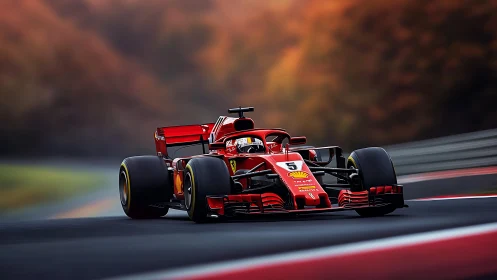 Red Formula racing car storms autumn track at speed.