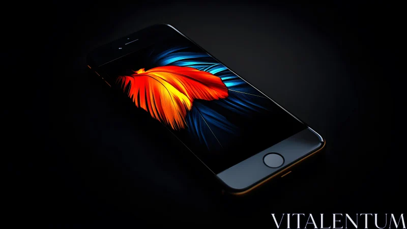 Modern smartphone with vivid abstract wallpaper on dark background.