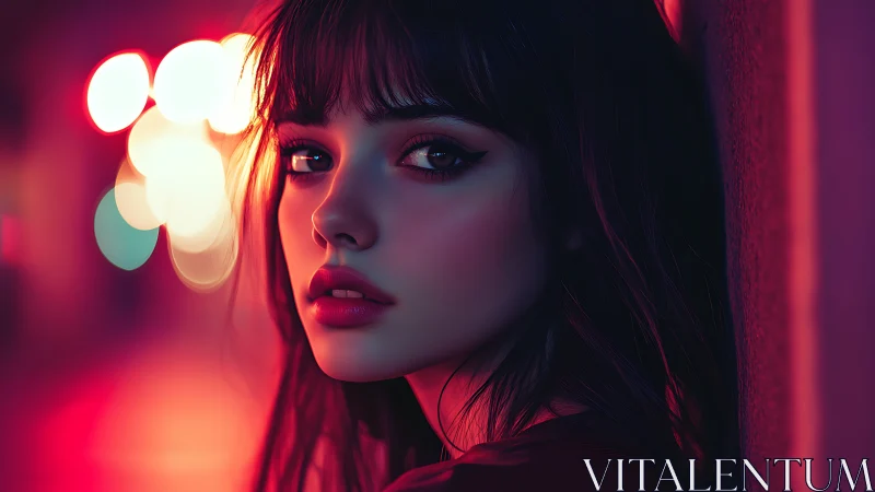 Neon-lit portrait captures moody girl in vibrant city glow.