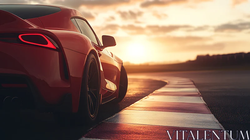 Sunlit sports car hugs glowing racetrack curve at dusk.
