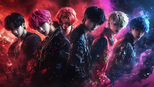 Six stylized male figures amid red and blue nebula clouds.