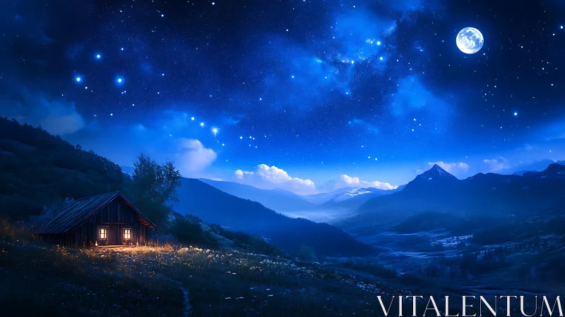 Rural cabin stands under dense starfield above mountain valley