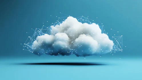 Digital data cloud floats in blue space with network links